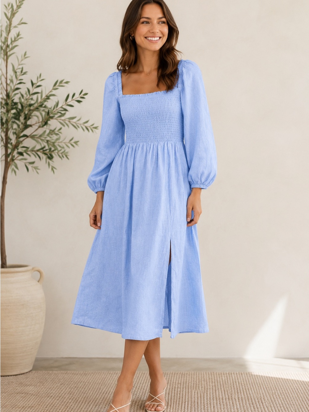 J. Crew 100% linen Daydream Dress Powder Blue Smocked Square-Neck Midi